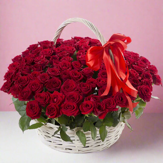100 Red Roses in a Basket
