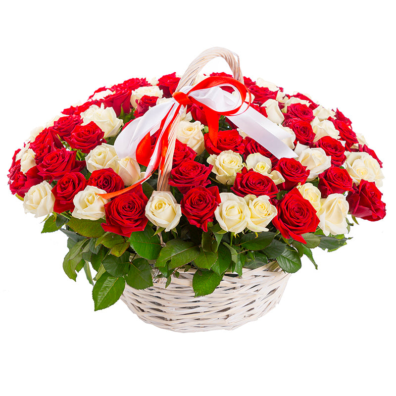 100 White and Red Roses in a Basket