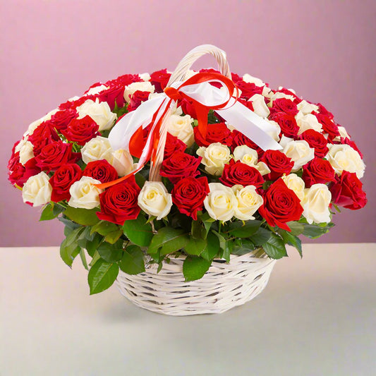 100 White and Red Roses in a Basket