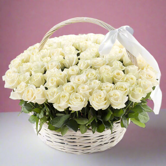 100 White Roses in a Basket