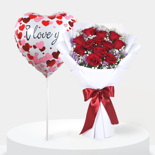 15 Red Roses Bouquet with I Love You Balloon