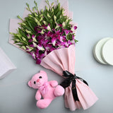 Purple Orchid Bouquet with Pink Teddy Bear Purple Orchid Bouquet with Pink Teddy Bear
