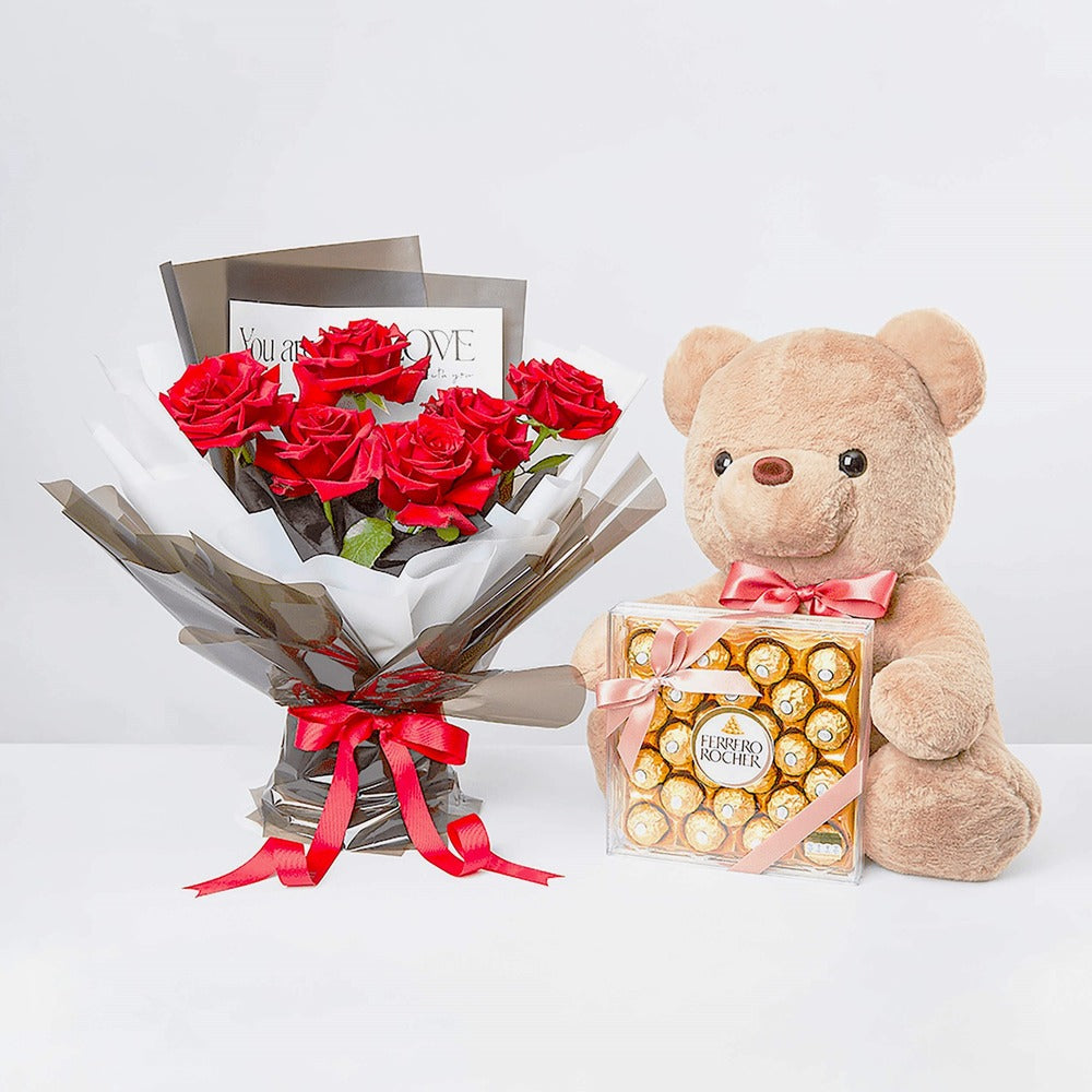Red Roses Bouquet, Teddy Bear & Ferrero Rocher Red Roses Bouquet, Teddy Bear & Ferrero Rocher