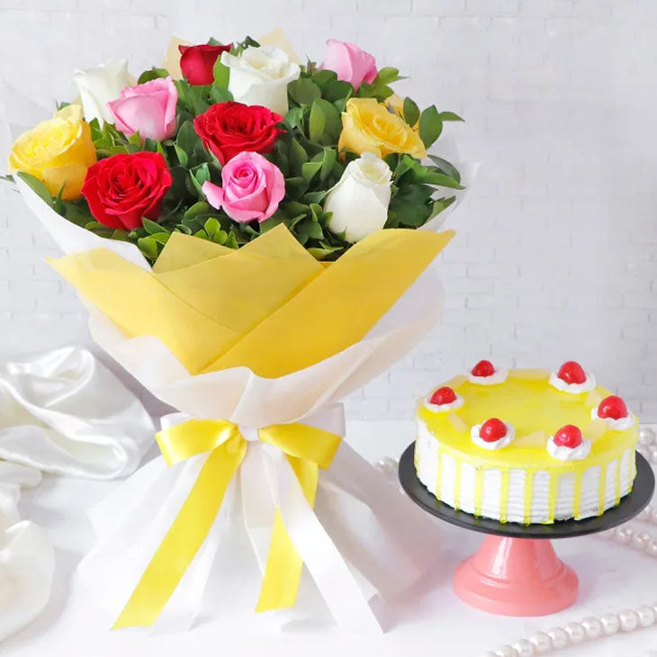 12 Mixed Roses Bouquet with Pineapple Cake 12 Mixed Roses Bouquet with Pineapple Cake