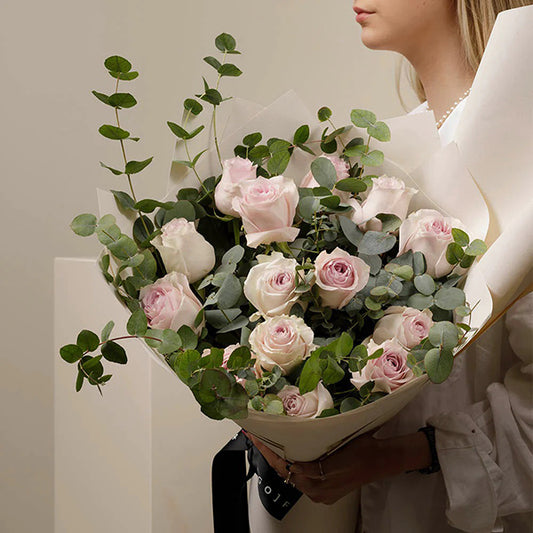 A Dozen Blush Pink Roses with Eucalyptus Leaves Bouquet