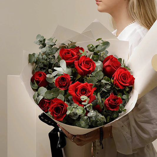 A Dozen Red Roses with Eucalyptus Leaves Bouquet