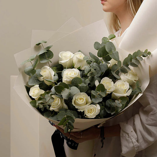 A Dozen White Roses with Eucalyptus Leaves Bouquet