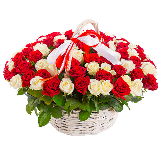 100 White and Red Roses in a Basket