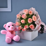 12 Pink Roses Bouquet with Pink Teddy Bear