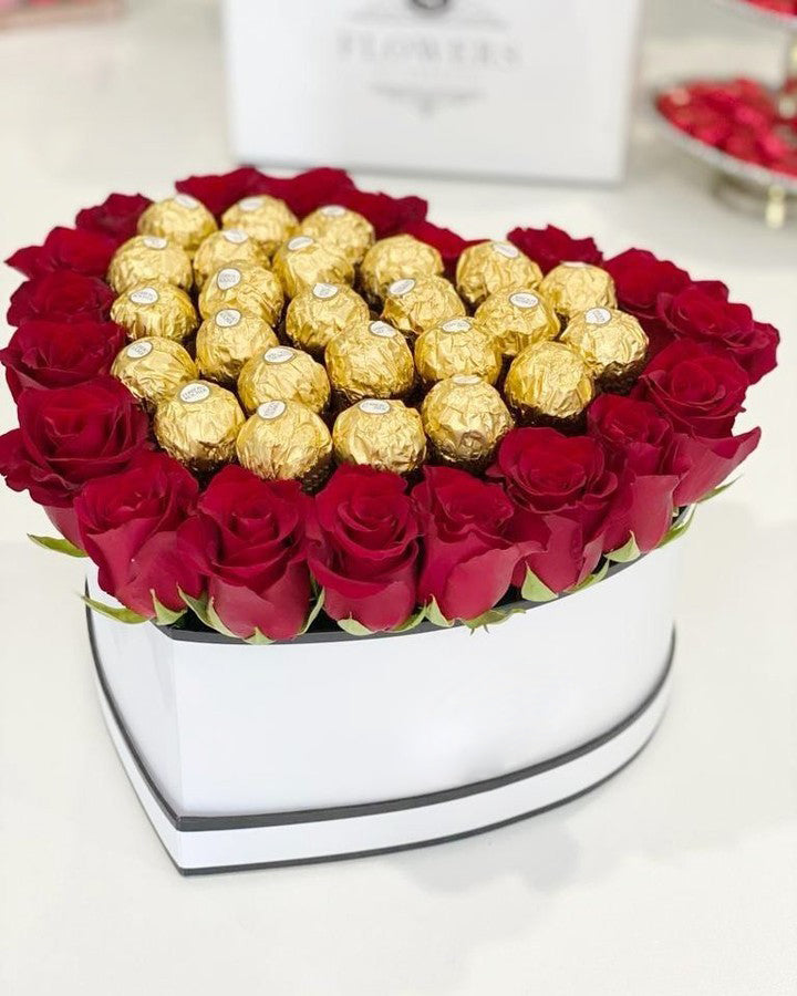 20 Red Roses and Ferrero Rocher Chocolates in Heart Shaped Box
