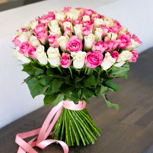 50 Pink and White Roses Bouquet