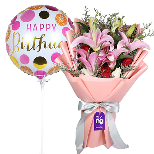 Lilies and Roses Bouquet with Birthday Balloon