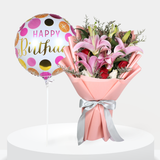 Lilies and Roses Bouquet with Birthday Balloon