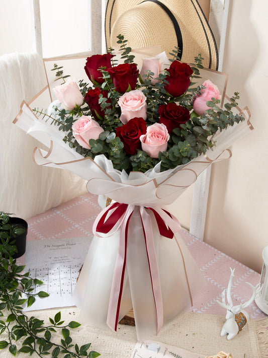 Romantic Red & Pink Roses Bouquet with Eucalyptus