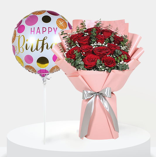 Red Roses Bouquet with Birthday Balloon