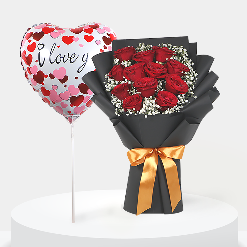 Red Roses Bouquet with I Love You Balloon