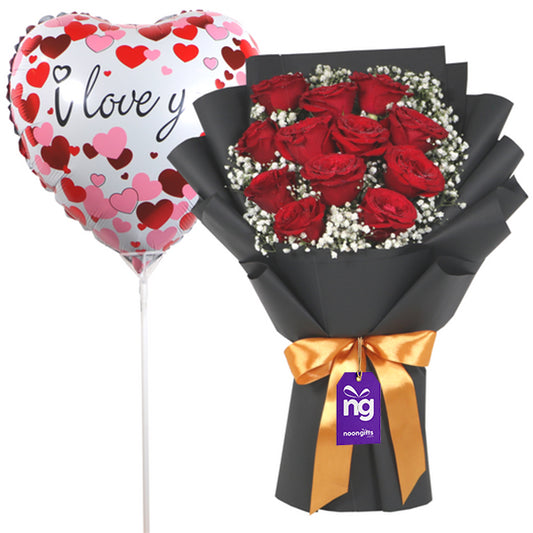 Red Roses Bouquet with I Love You Balloon