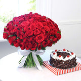 100 Red Roses Bouquet with One kg Black Forest Cake