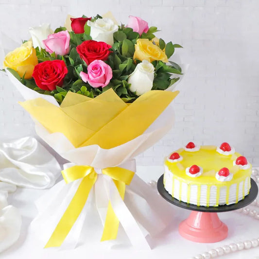12 Mixed Roses Bouquet with Pineapple Cake