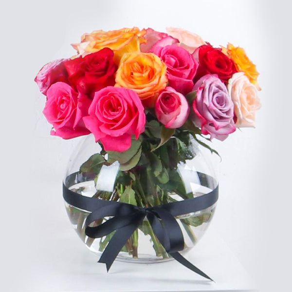 25 Mixed Roses Arrangement in Fish Bowl Vase