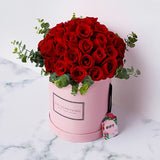 25 Red Roses in Pink Box