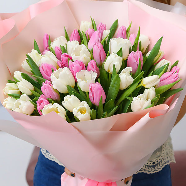 50 Pink and White Tulips Bouquet