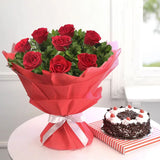Bouquet of Romantic Red Roses with Black Forest Cake