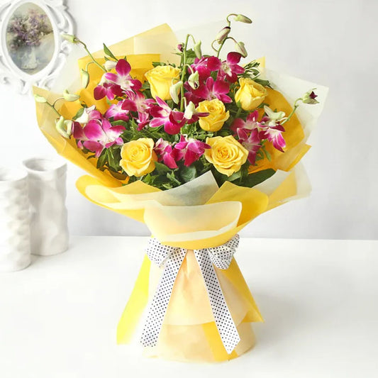 Bouquet of Yellow Roses and Purple Orchids