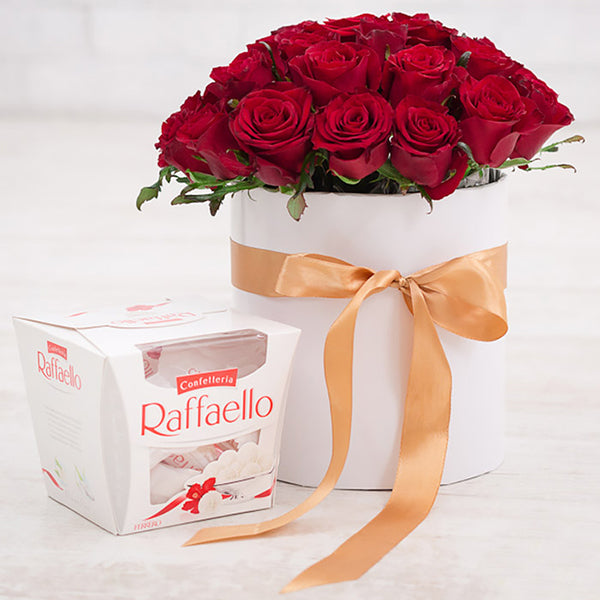 Box of 25 Red Roses with Raffaello Premium Coconut and Almond Pralines