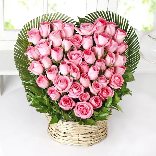 Heart Shaped Arrangement of 50 Pink Roses in Basket