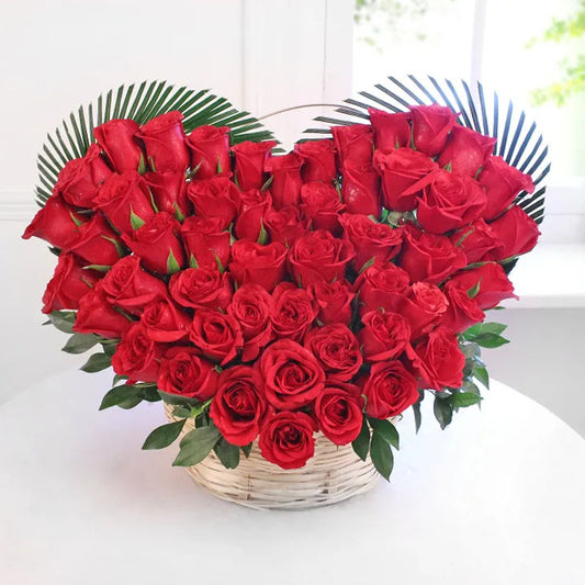 Heart Shaped Arrangement of 50 Red Roses in Basket