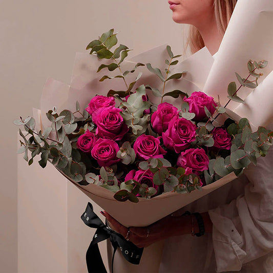 A Dozen Dark Pink Roses with Eucalyptus Leaves Bouquet